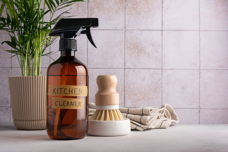 Eco friendly concept, sustainable lifestyle. Set for cleaning, as dish wash brush, kitchen cleaner with home plant and towelの写真素材