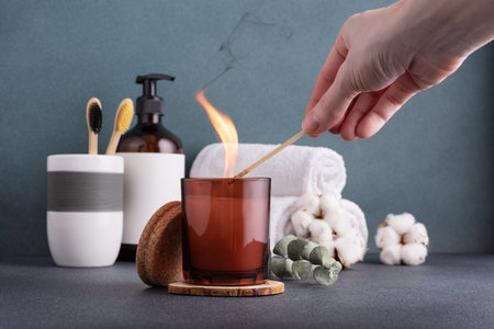 Scented candle and bathroom accessories: towels, dispenser and bamboo toothbrush. Modern bathroom dÃ©cor.の写真素材