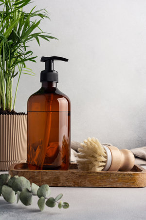 Eco friendly kitchen concept, sustainable lifestyle. Set for cleaning, as dish wash brush, dispenser bottle with home plant and eucalyptusの写真素材