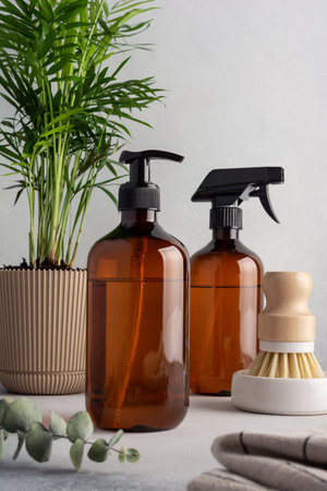 Eco friendly kitchen concept, sustainable lifestyle. Set for cleaning, as dish wash brush, spray bottle, dispenser with home plant and towelの写真素材