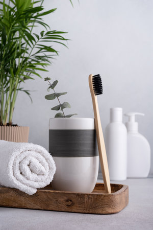 Bathroom composition with bamboo toothbrushes. Eco friendly bodycare concept.の写真素材
