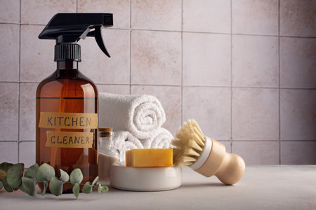 Eco friendly concept, sustainable lifestyle. Set for cleaning, as dish wash brush, kitchen cleaner with eucalyptus and towelsの写真素材