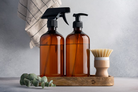 Eco friendly kitchen concept, sustainable lifestyle. Set for cleaning, as dish wash brush, dispenser and spray bottle with eucalyptus on wooden trayの写真素材