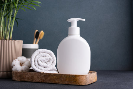 White empty shampoo or lotion bottle for mock-up in modern dark bathroom interiorの写真素材