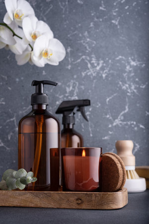 Eco-friendly household concept with natural cleaning tools and products.の写真素材