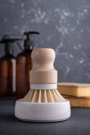 Eco-friendly household concept with natural cleaning tools and products. Dishwashing brush.の写真素材