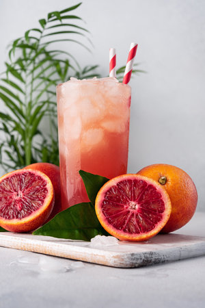 Juice or cocktail of red Sicilian oranges with ice cubes in a glass. Refreshing fruits beverage.の写真素材
