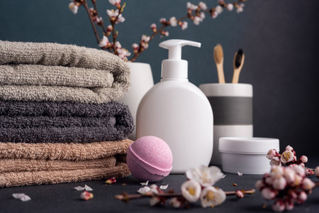 Bath and Skin Care Accessories on white background. Natural organic and eco friendly bodycare concept, bath products.の写真素材