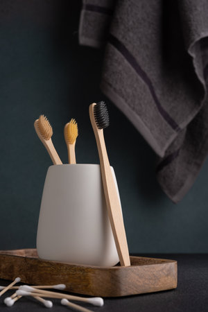 Eco friendly bamboo toothbrushes and grooming products. Zero waste and plastic free product lifestile.の写真素材