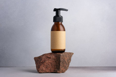 Brown glass bottle standing on stone for cosmetic product mock up. Natural organic cosmetic conceptの写真素材