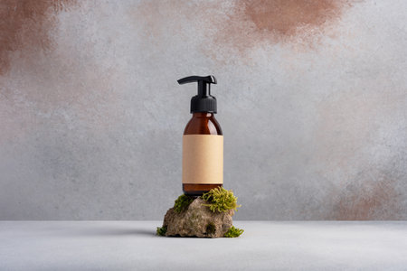Brown glass bottle standing on moss stone for cosmetic product mock up. Natural organic cosmetic conceptの写真素材