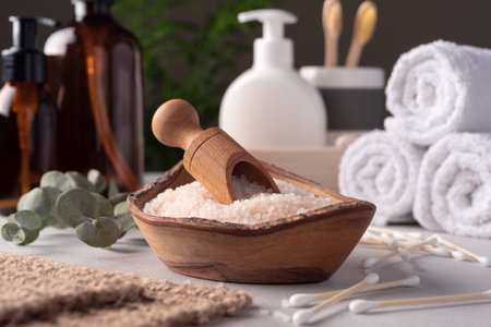 Sea salt, towels and other bath accessories. Daily bodycare concept, organic bath products.の写真素材