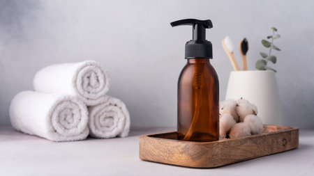 Brown glass bottle for mockup of care cosmetics products. Bath products concept.の写真素材