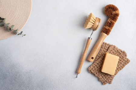 Dish Brushes. Zero waste kitchen cleaning concept. Eco friendly natural cleaning tools for sustainable life style.の写真素材