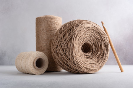 Skeins of jute rope with wooden crochet hook for craft and handmade on a gray backgroundの写真素材