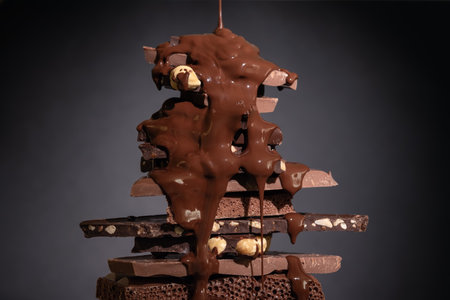 Melted chocolate pouring into a stack of chocolate pieces on dark background. Sweet dessert concept.の写真素材