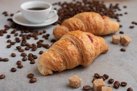 Espresso and croissant with coffee beans on gray background. Sweet breakfast idea.の写真素材
