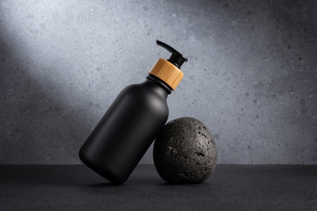 Black bottle with dispenser pump for liquid soap, gel, lotion, cream, shampoo and other cosmetics. Blank product packaging mockup template design.の写真素材