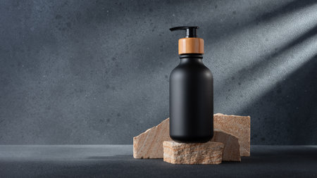 Black bottle with dispenser pump for liquid soap, gel, lotion, cream, shampoo and other cosmetics. Blank product packaging mockup template design.の写真素材