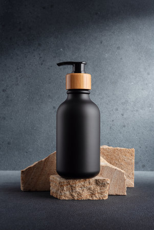 Black bottle with dispenser pump for liquid soap, gel, lotion, cream, shampoo and other cosmetics. Blank product packaging mockup template design.の写真素材