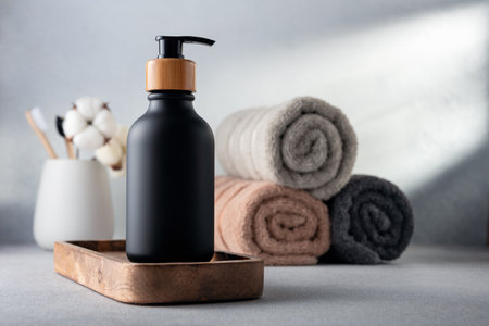 Black bottle with dispenser pump in minimal home interior. Blank product packaging mockup template design.の写真素材