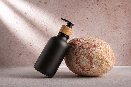 Black bottle with dispenser pump for liquid soap, gel, lotion, cream, shampoo and other cosmetics. Blank product packaging mockup template design.の写真素材