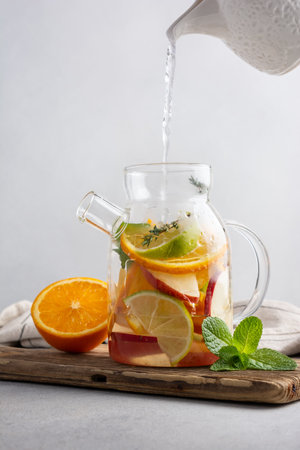 Homemade healthy hot fruit tea with fresh ripe orange, apple, mint leaves and twigs of thyme in glass teapot or kettle on grey kitchen backgroundの写真素材