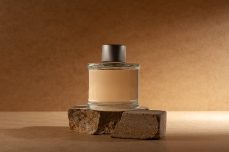 Glass perfume bottle or home fragrance on natural stone podium in dramatic light for mock-up and product display.の写真素材