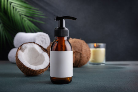 Brown glass dispenser bottle and fresh coconut on dark background with palm leaves. Organic natural cosmetics with coconut oil. Plastic packaging products for branding, mock up.の写真素材