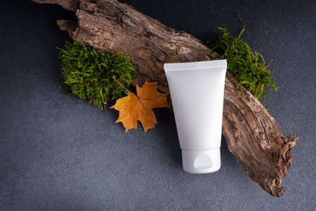 Cosmetic skin care product (body lotion, hair shampoo, face cream) on autumn background with fallen leaves. Natural eco beauty and organic skin care concept.の写真素材