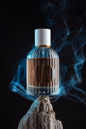 Glass bottle of perfume stand on the rock with smoke. Dramatic creative photography for perfumery...
