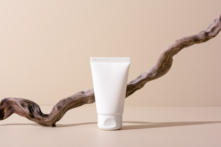 White cosmetic tube on a wooden branch podium for mock-up. Healthy cosmetology, skincare and beauty treatment creative concept.の写真素材