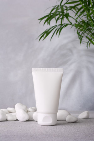 Cosmetics packaging. White plastic cosmeticâs tube of cream. Bath product mock-up. Beauty spa product concept.の写真素材
