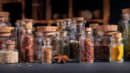 Seasoning (herbs and spices) in small bottles with cork on a dark background