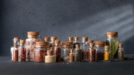 Seasoning (herbs and spices) in small bottles with cork on a dark backgroundの写真素材