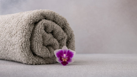 Luxurious grey towel neatly rolled and placed beside a vibrant purple orchid flower. The image exudes a sense of calmness and luxury ideal for spa and wellness centers.の写真素材