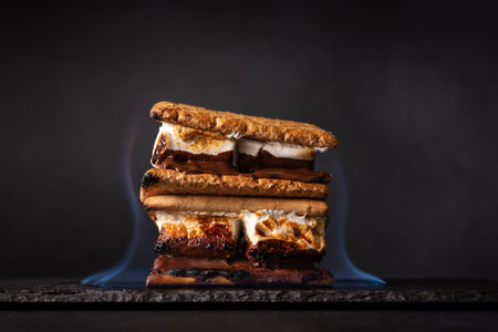 Freshly roasted smores. Delicious marshmallow sandwich with cracker and chocolate on dark background.の写真素材