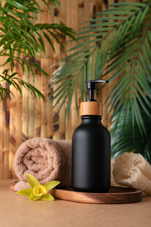 A black pump bottle of lotion or shower gel, sits on a wooden tray against bamboo wall. Body care product mock-up in tropical spa interior. Wellness and selfcare concept.の写真素材