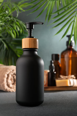 A black pump bottle of lotion or shower gel for body care product mock-up in tropical spa interior. Wellness and selfcare concept.の写真素材
