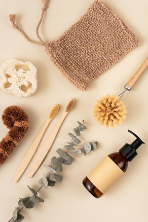 A collection of personal care items including a bamboo toothbrush, soap bar, clean brush, reusable bottle. Zero waste sustainable lifestyle concept.の写真素材