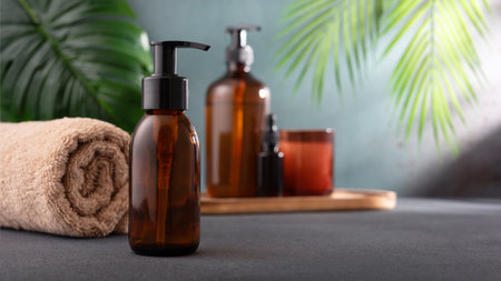 A brown glass dispenser cosmetic bottle for body care product mock-up in tropical spa interior. Wellness and selfcare concept.の写真素材