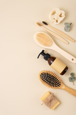 A collection of personal care items including a bamboo toothbrush, soap bar, clean brush, reusable bottle. Zero waste sustainable lifestyle concept. Eco friendly wellness and self care.の写真素材