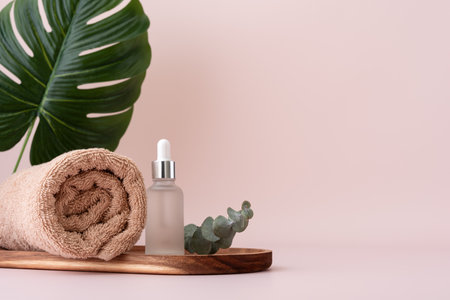 Cotton bath towel and serum dropper bottle. Bathroom and wellness concept.の写真素材