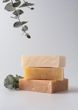 Stack of natural organic soap bars. Cleaning products concept.の写真素材