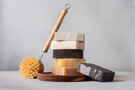 Stack of natural organic soap bars and cleaning brush. Cleaning products concept.の写真素材