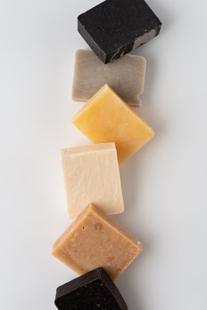 Set of different handcraft organic soap bars, top view. Healthy lifestyle and wellness concept.の写真素材