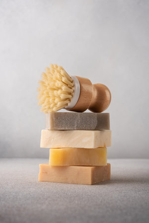 Stack of natural organic soap bars and cleaning brush. Cleaning products concept.の写真素材