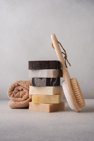 Handcraft organic soap bars and cotton towel. Bathroom and wellness concept.の写真素材