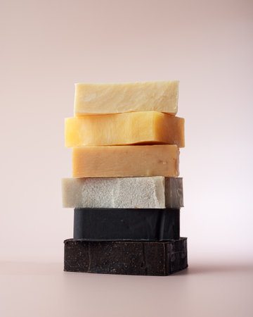 Stack of natural organic soap bars. Cleaning products concept.の写真素材