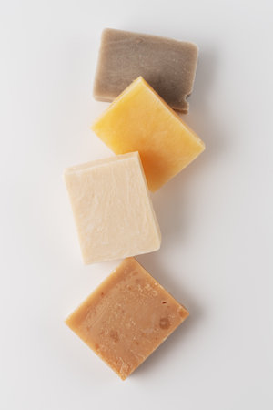 Set of different handcraft organic soap bars, top view. Healthy lifestyle and wellness concept.の写真素材